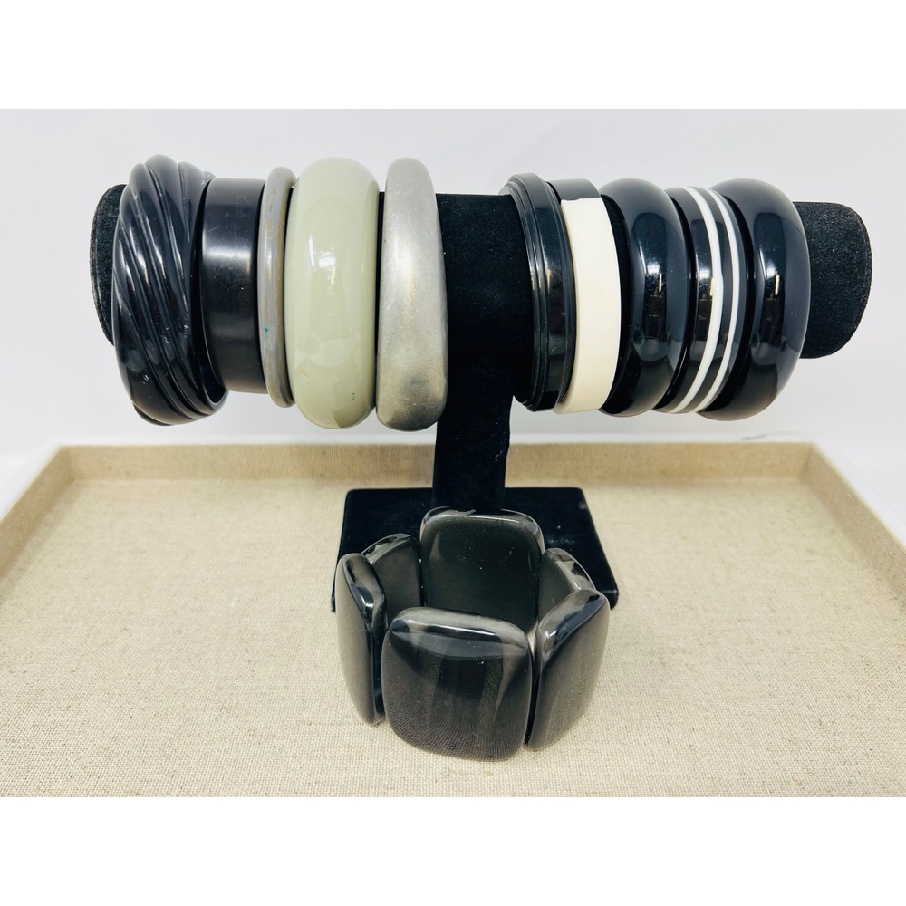Vintage Black Resin, Lucite & Plastic Chunky Stackable Bangle Bracelet Lot of 11
